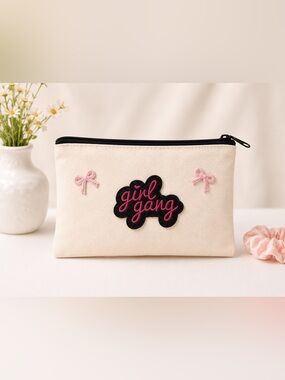 Handmade Girl Gang Canvas Makeup Pouch Cosmetic Bag / Cute Zipper Bag /Gift